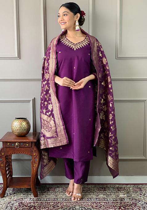 Purple Embroidered Chanderi Kurta Set