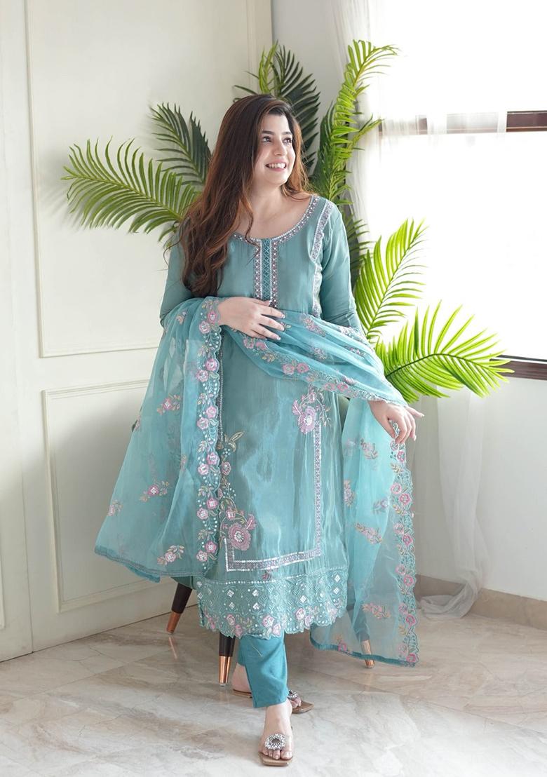Sky Blue Embroidered Chinon Kurta Set