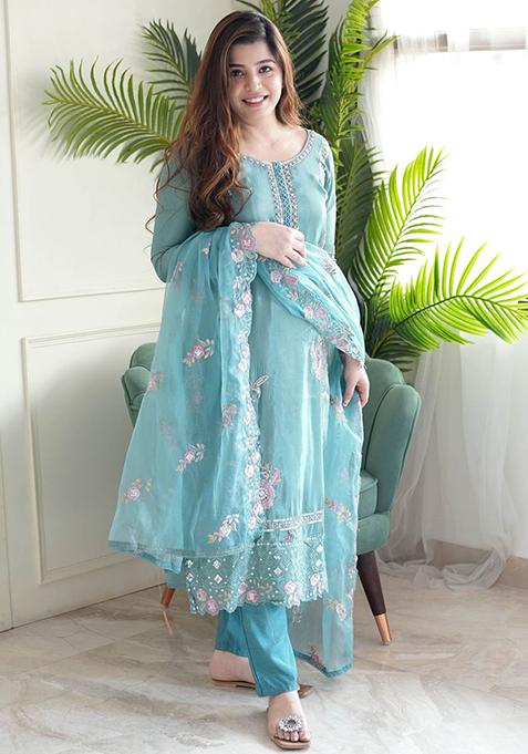 Sky Blue Embroidered Chinon Kurta Set