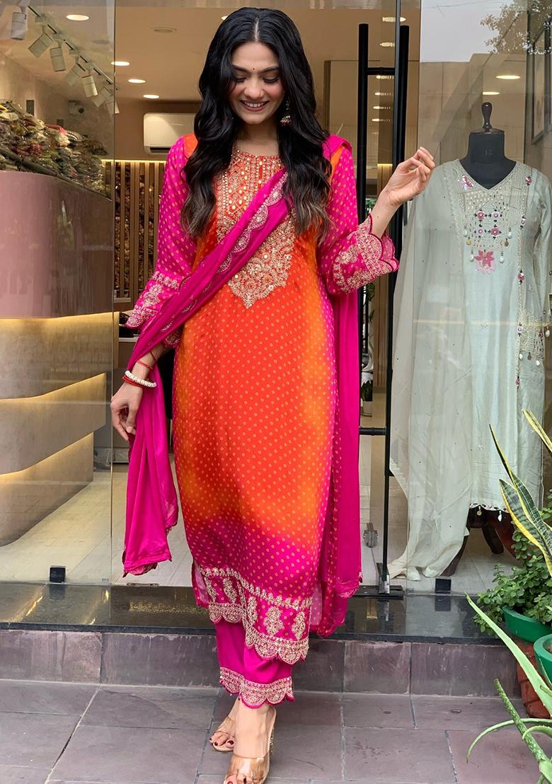 Orange Embroidered Chinon Kurta Set