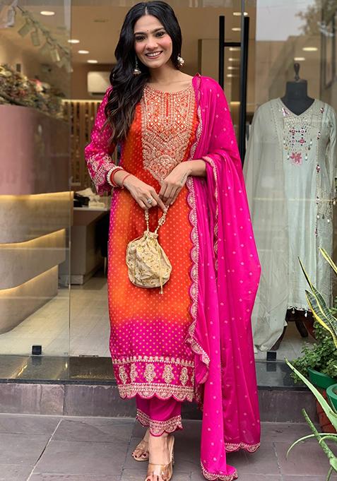 Orange Embroidered Chinon Kurta Set