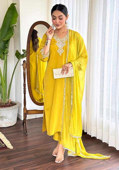 Yellow Embroidered Chanderi Kurta Set