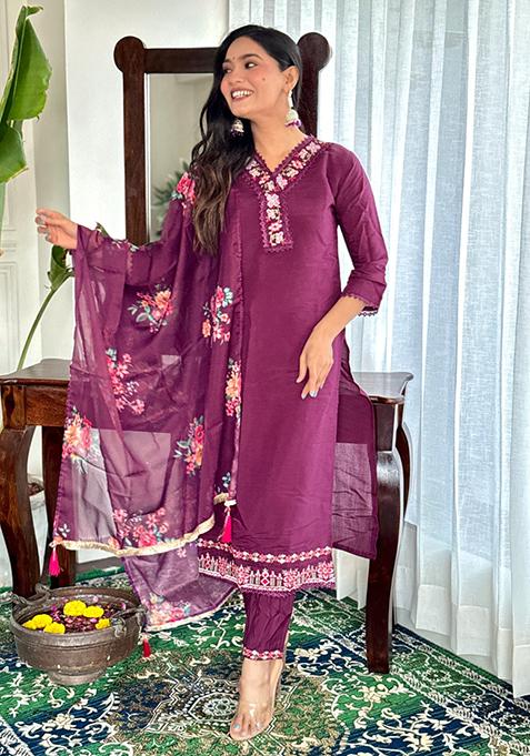 Purple Embroidered Chanderi Kurta Set