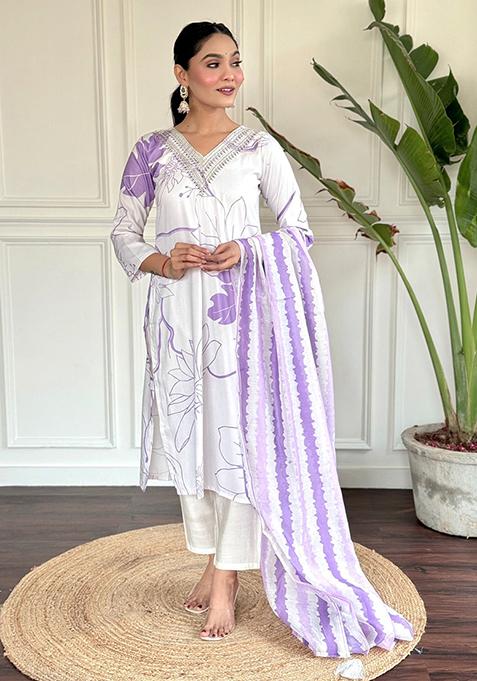 Off White Embroidered Rayon Kurta Set