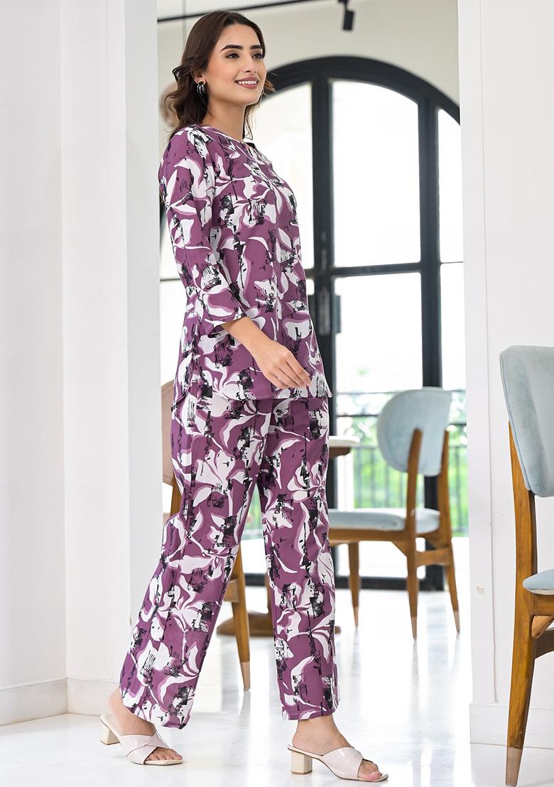 Lavender Printed Rayon Kurta Set