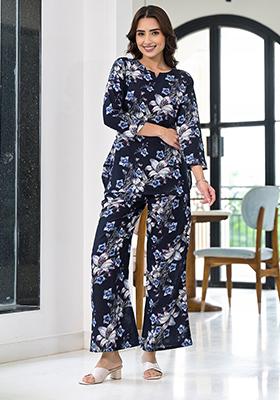 Navy Blue Printed Rayon Kurta Set
