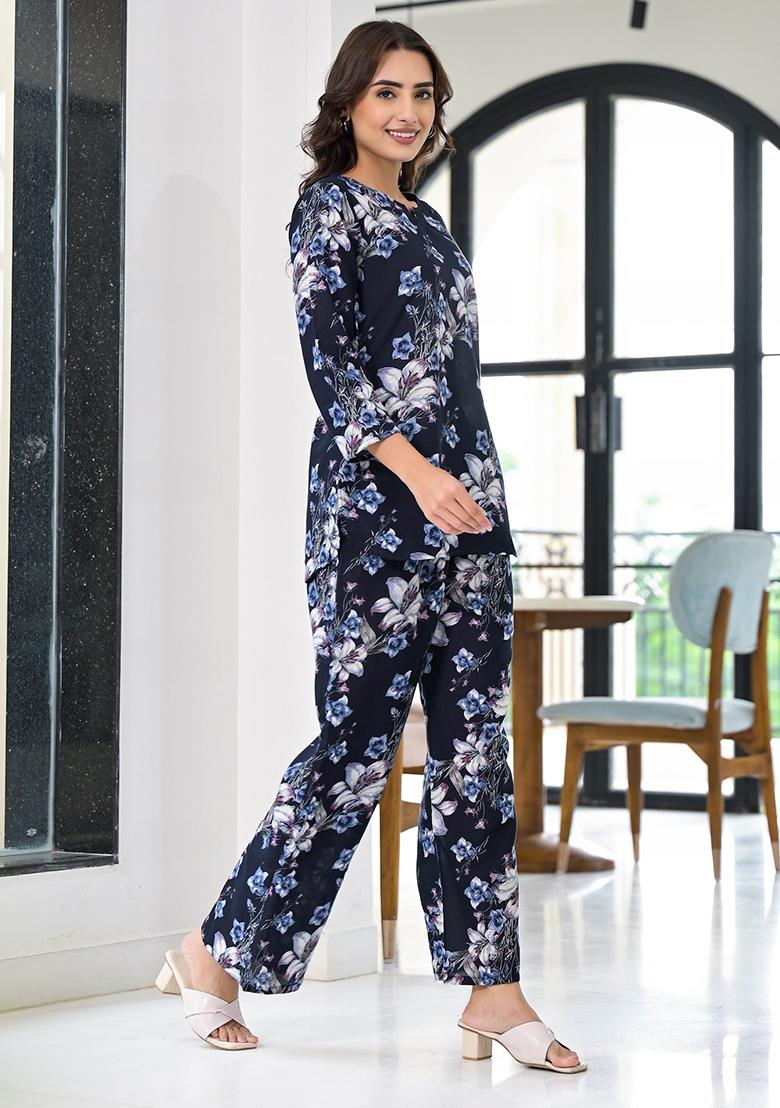Navy Blue Printed Rayon Kurta Set