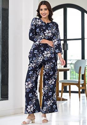 Navy Blue Printed Rayon Kurta Set