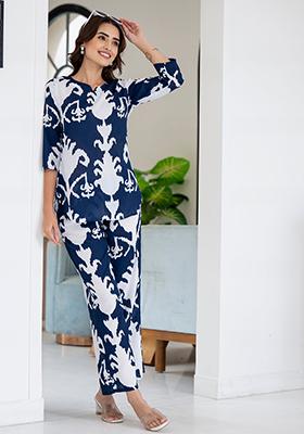 Navy Blue Printed Rayon Kurta Set