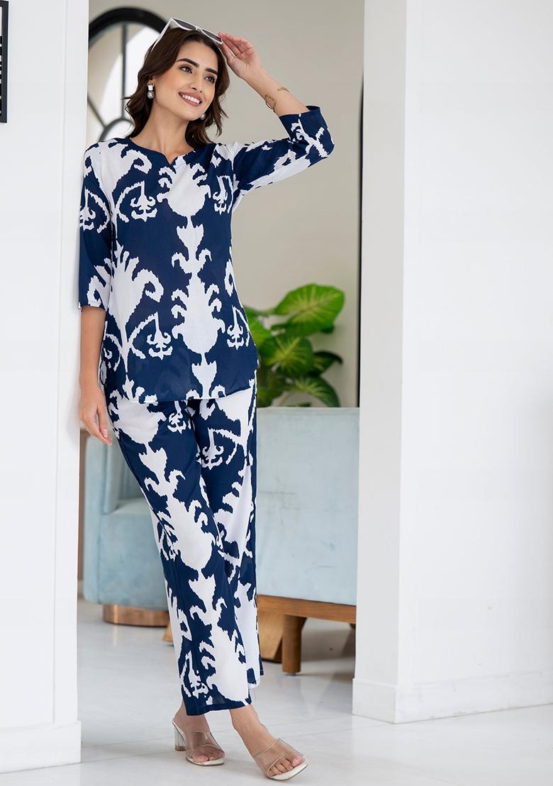 Navy Blue Printed Rayon Kurta Set