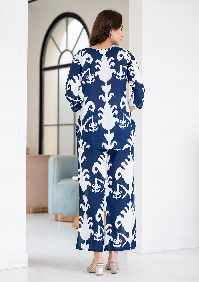 Navy Blue Printed Rayon Kurta Set