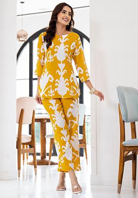 Yellow Printed Rayon Kurta Set