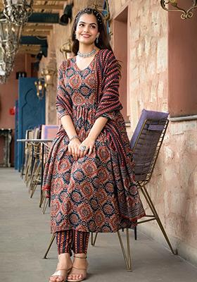 Brown Printed Rayon Kurta Set