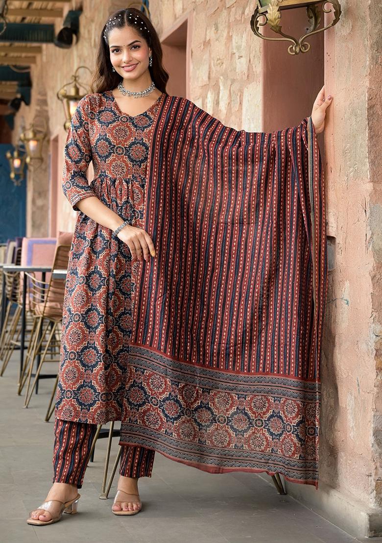 Brown Printed Rayon Kurta Set