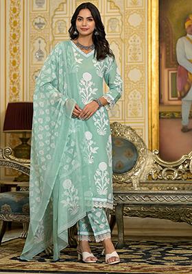 Pista Green Printed Rayon Kurta Set