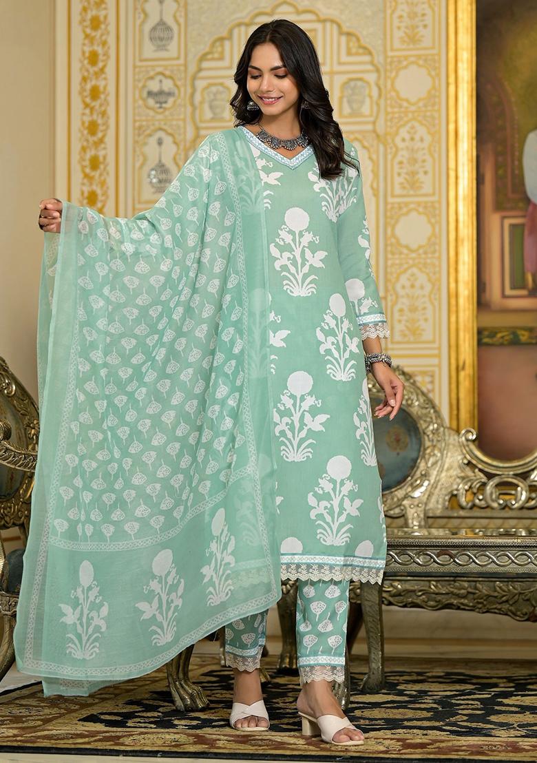 Pista Green Printed Rayon Kurta Set