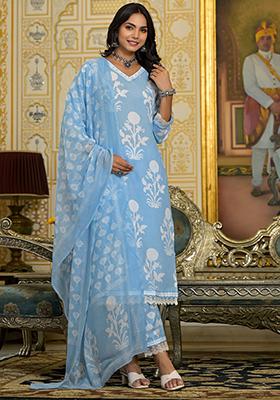 Sky Blue Printed Rayon Kurta Set