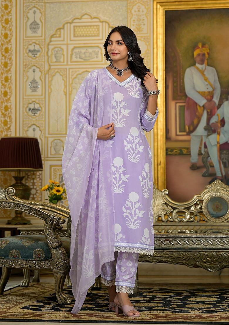 Lavender Printed Rayon Kurta Set