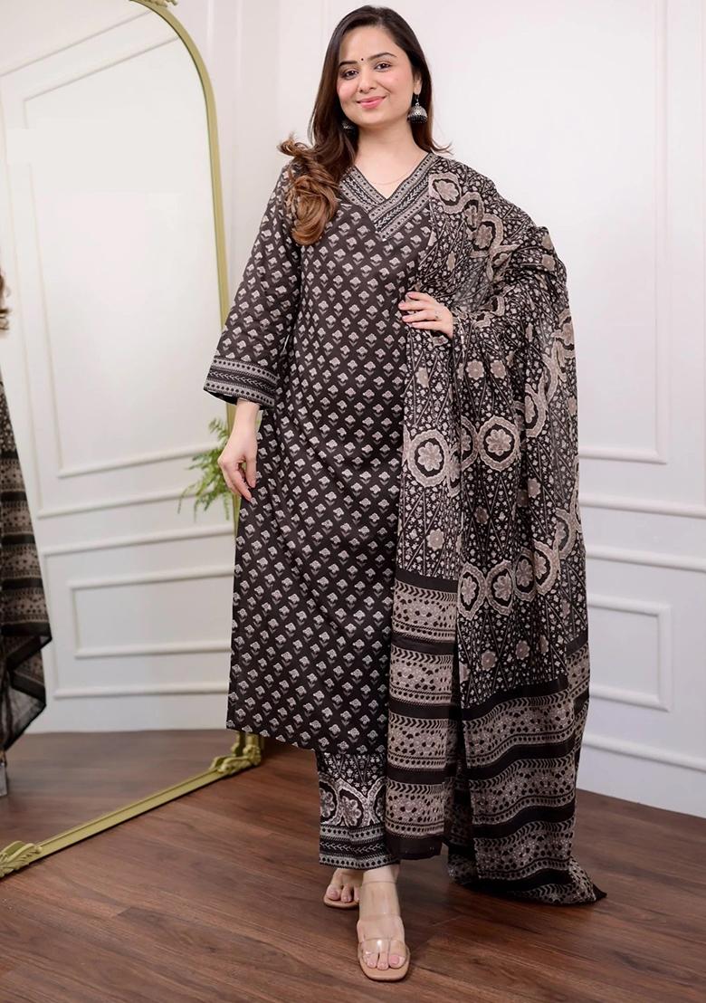 Black Printed Rayon Kurta Set