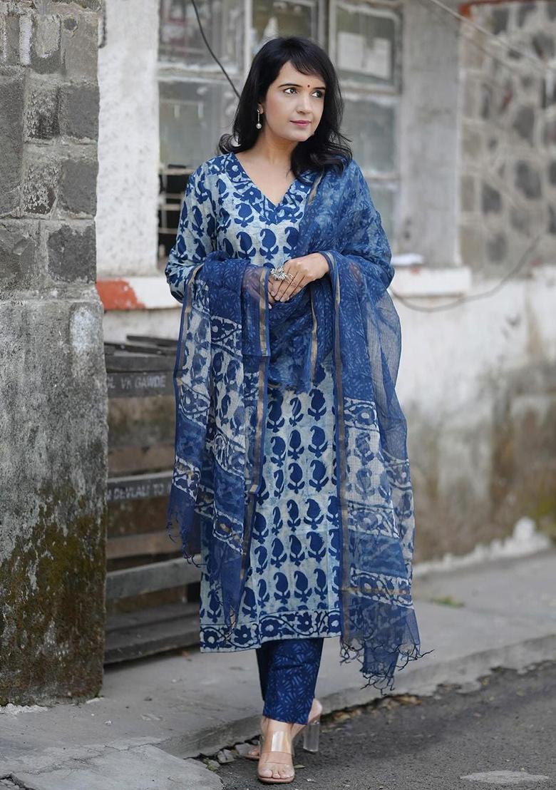 Blue Printed Rayon Kurta Set