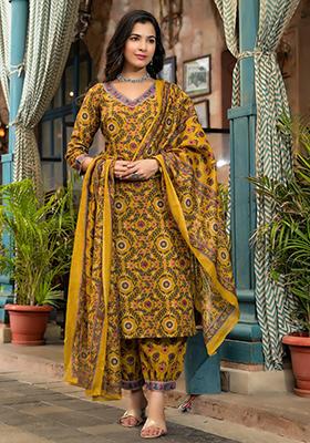 Mustard Printed Rayon Kurta Set