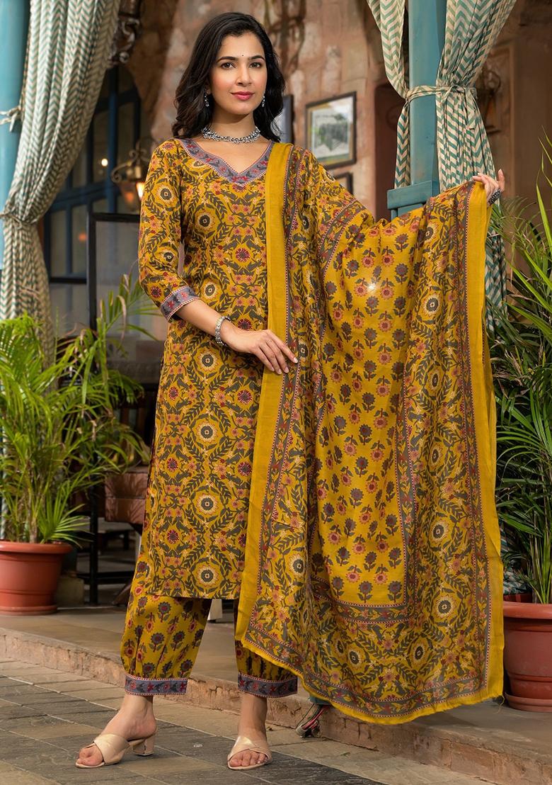 Mustard Printed Rayon Kurta Set