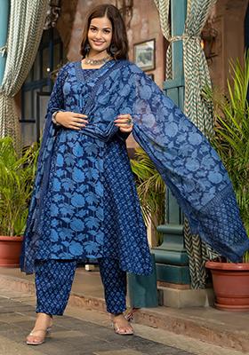 Blue Printed Rayon Kurta Set