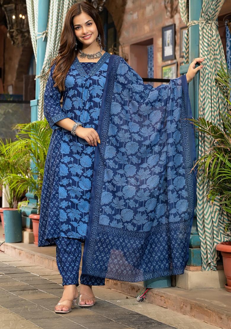 Blue Printed Rayon Kurta Set