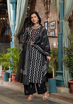 Black Printed Rayon Kurta Set