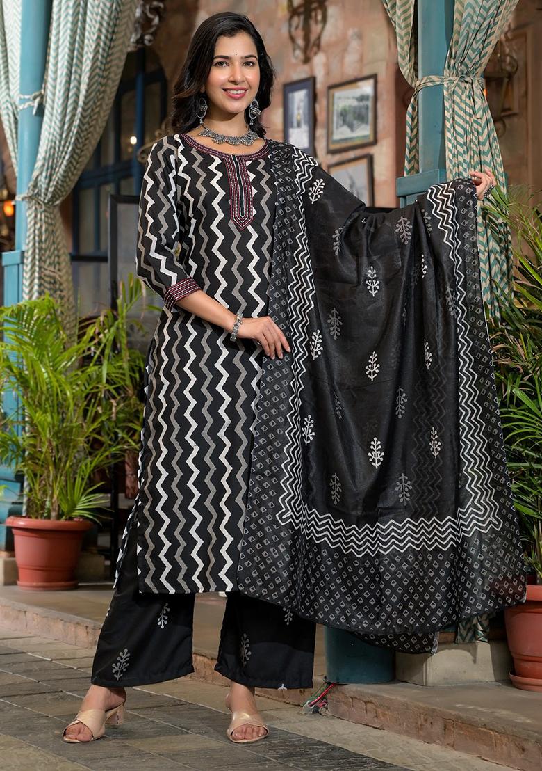 Black Printed Rayon Kurta Set