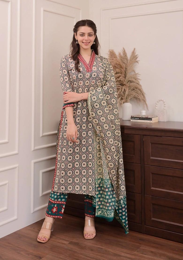 Brown Printed Rayon Kurta Set