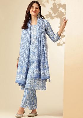 Sky Blue Printed Rayon Kurta Set