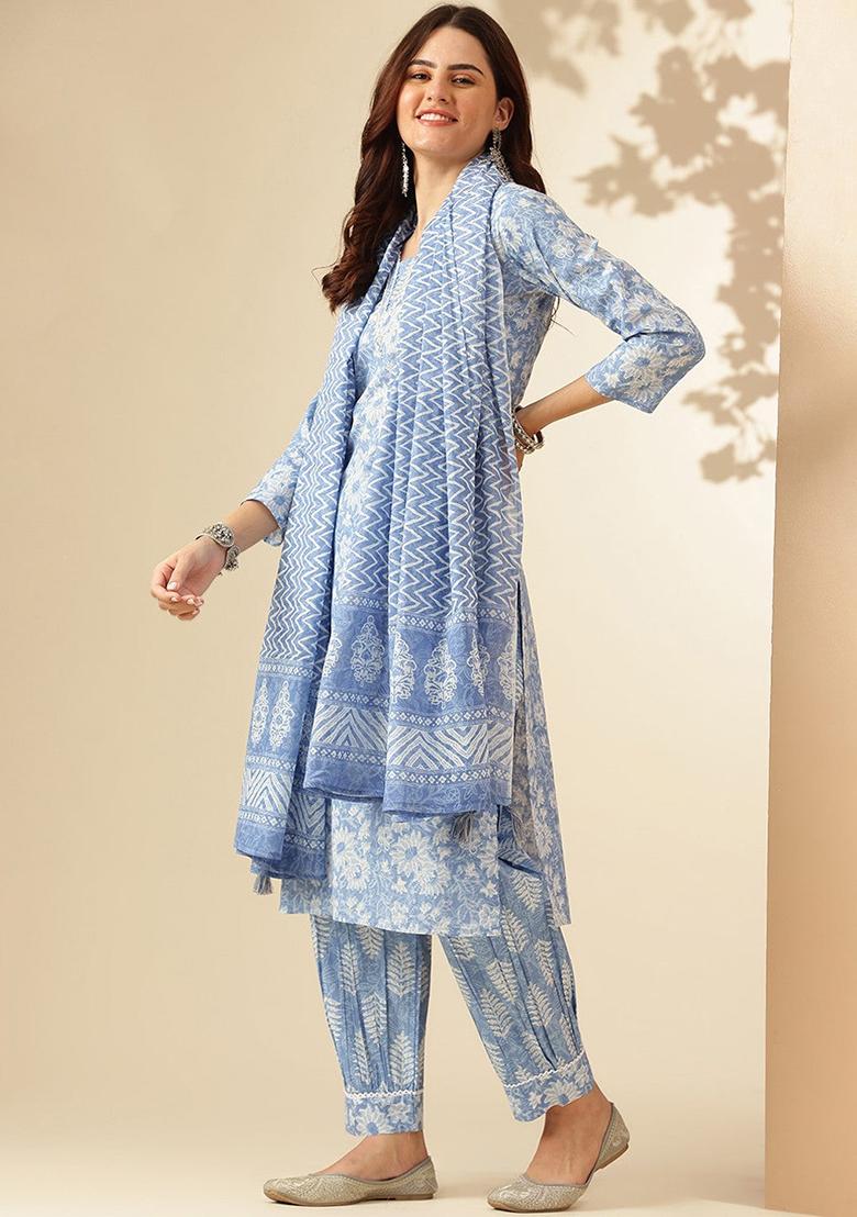 Sky Blue Printed Rayon Kurta Set