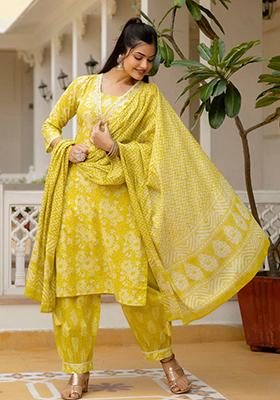 Yellow Printed Rayon Kurta Set