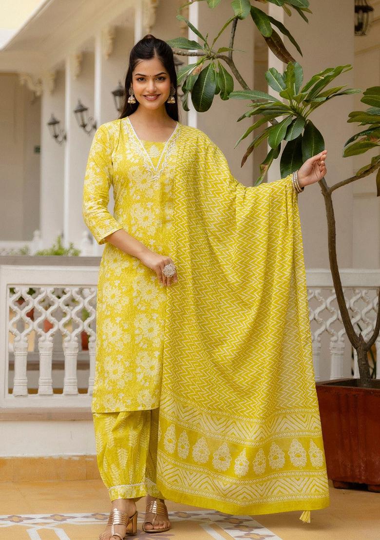Yellow Printed Rayon Kurta Set
