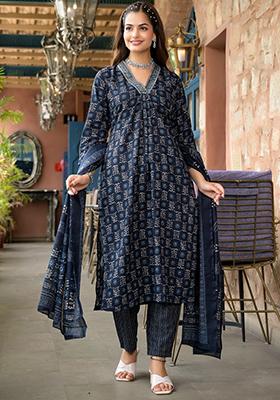 Navy Blue Printed Rayon Kurta Set