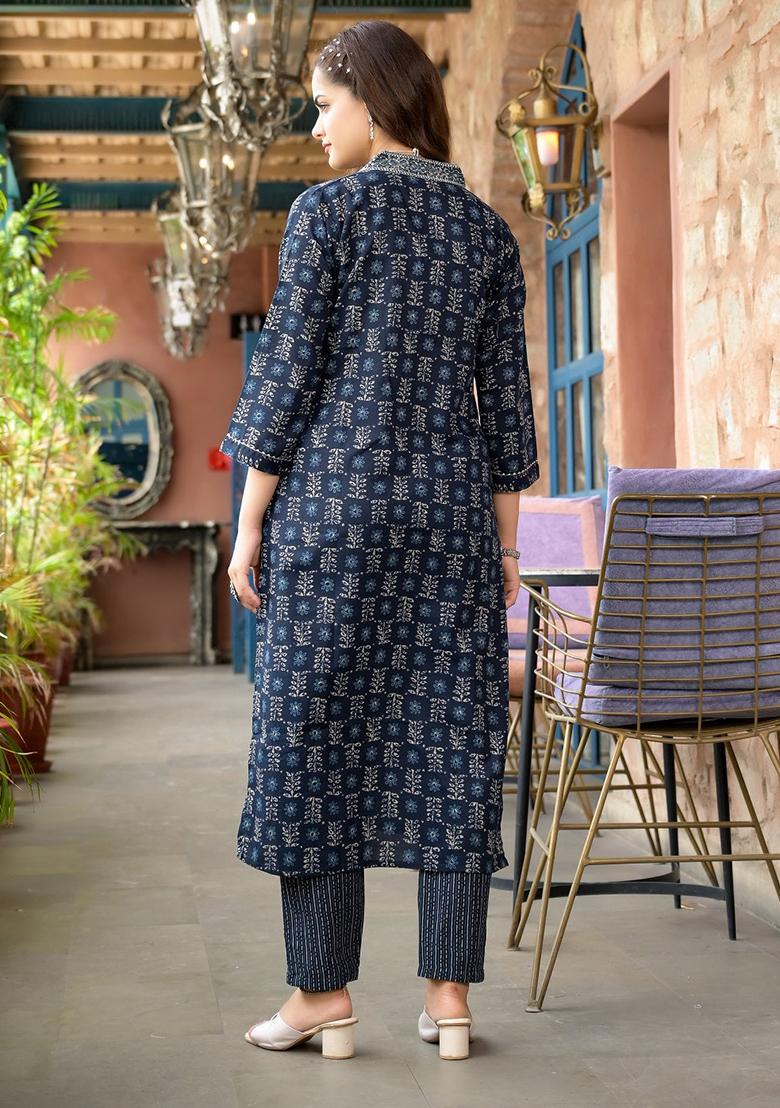 Navy Blue Printed Rayon Kurta Set