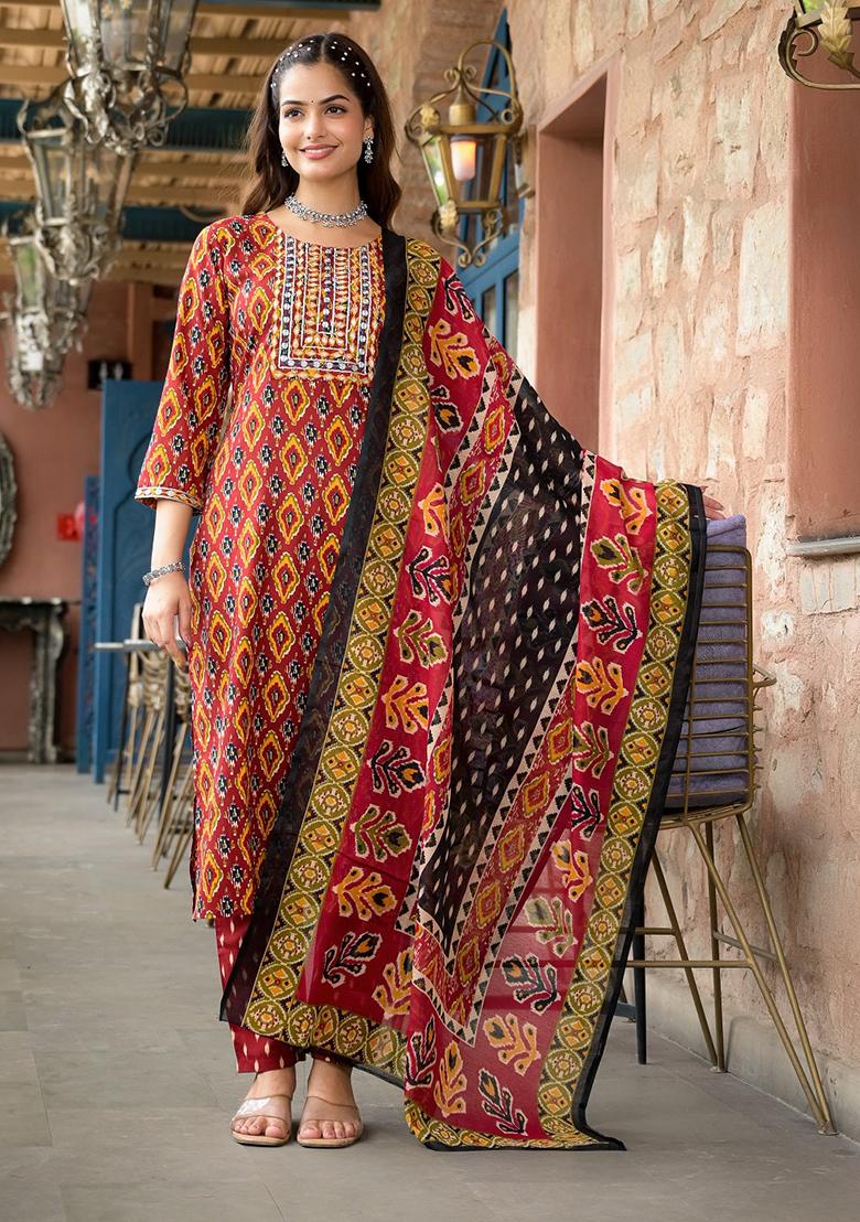 Red Printed Rayon Kurta Set