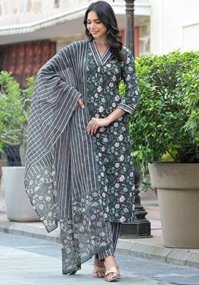 Green Printed Rayon Kurta Set