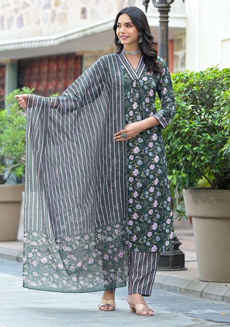 Green Printed Rayon Kurta Set
