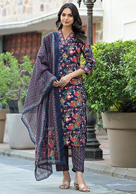 Navy Blue Printed Rayon Kurta Set