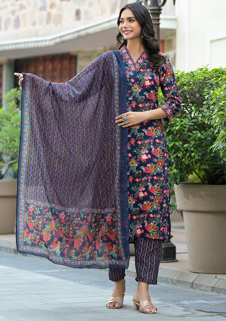 Navy Blue Printed Rayon Kurta Set