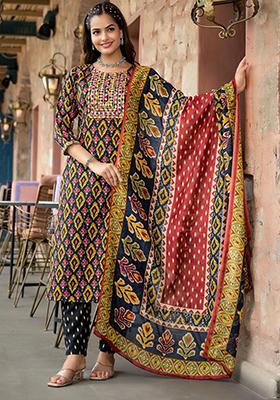 Black Printed Rayon Kurta Set