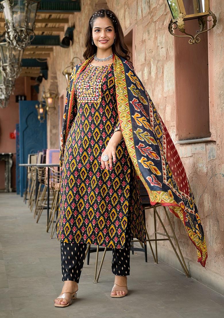 Black Printed Rayon Kurta Set