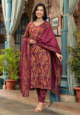 Maroon Printed Rayon Kurta Set
