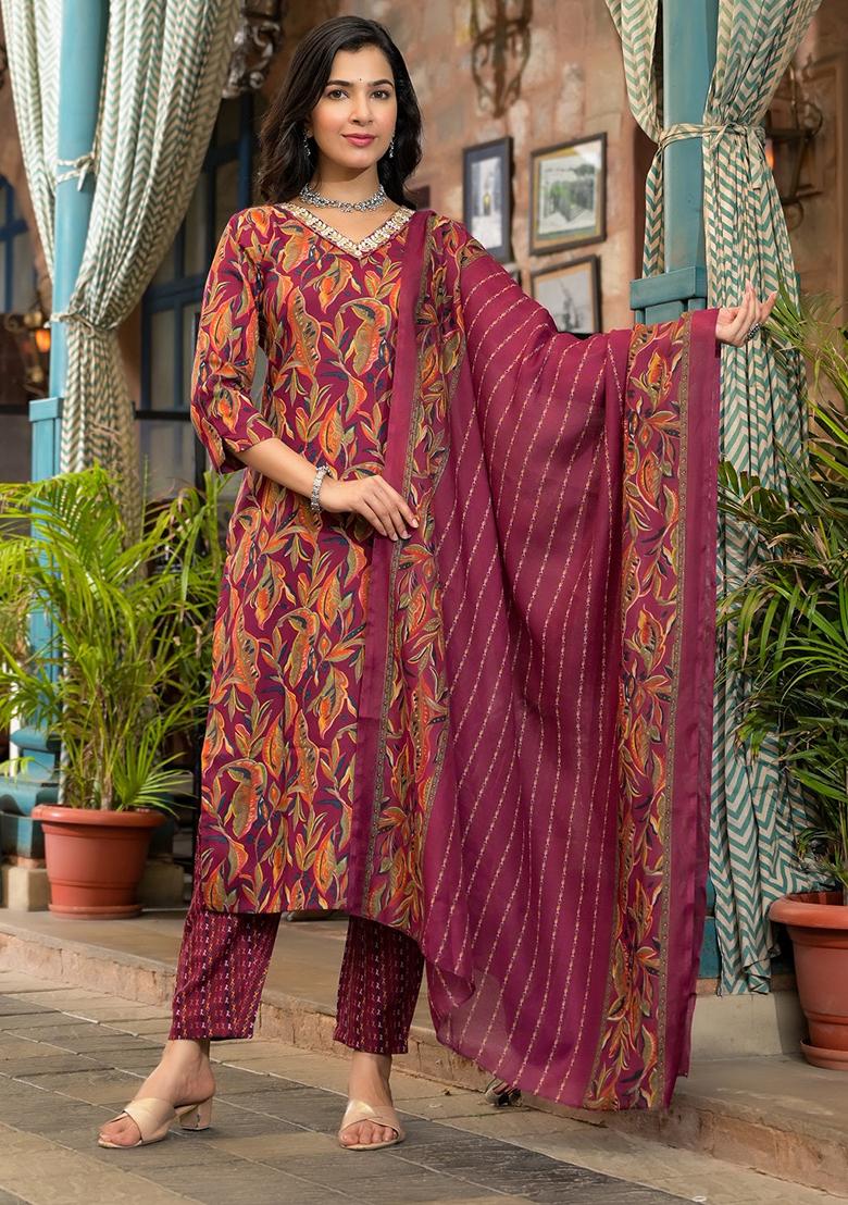 Maroon Printed Rayon Kurta Set