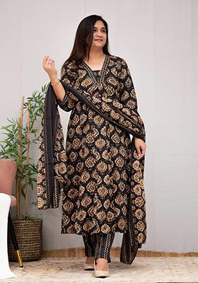 Black Printed Rayon Kurta Set