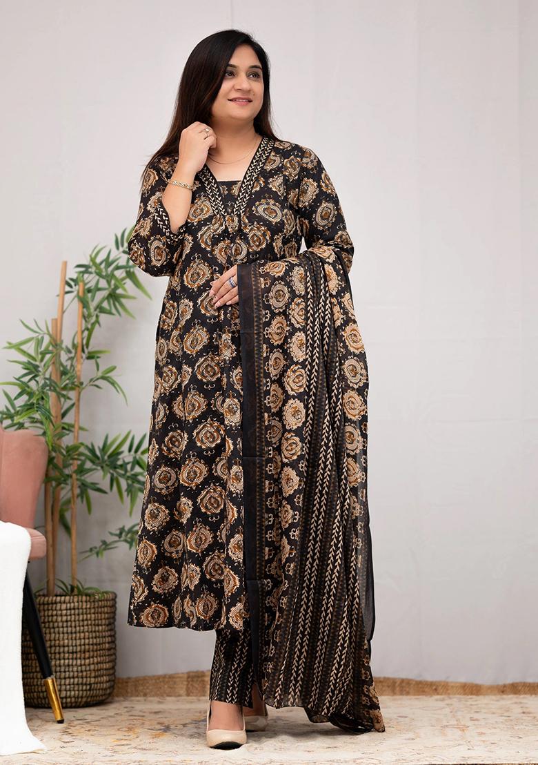 Black Printed Rayon Kurta Set