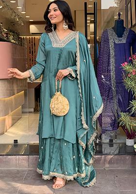 Rama Blue Embroidered Chinon Kurta Set