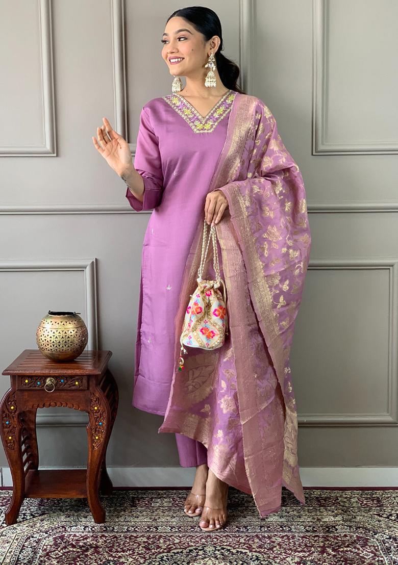 Lavender Embroidered Chanderi Kurta Set